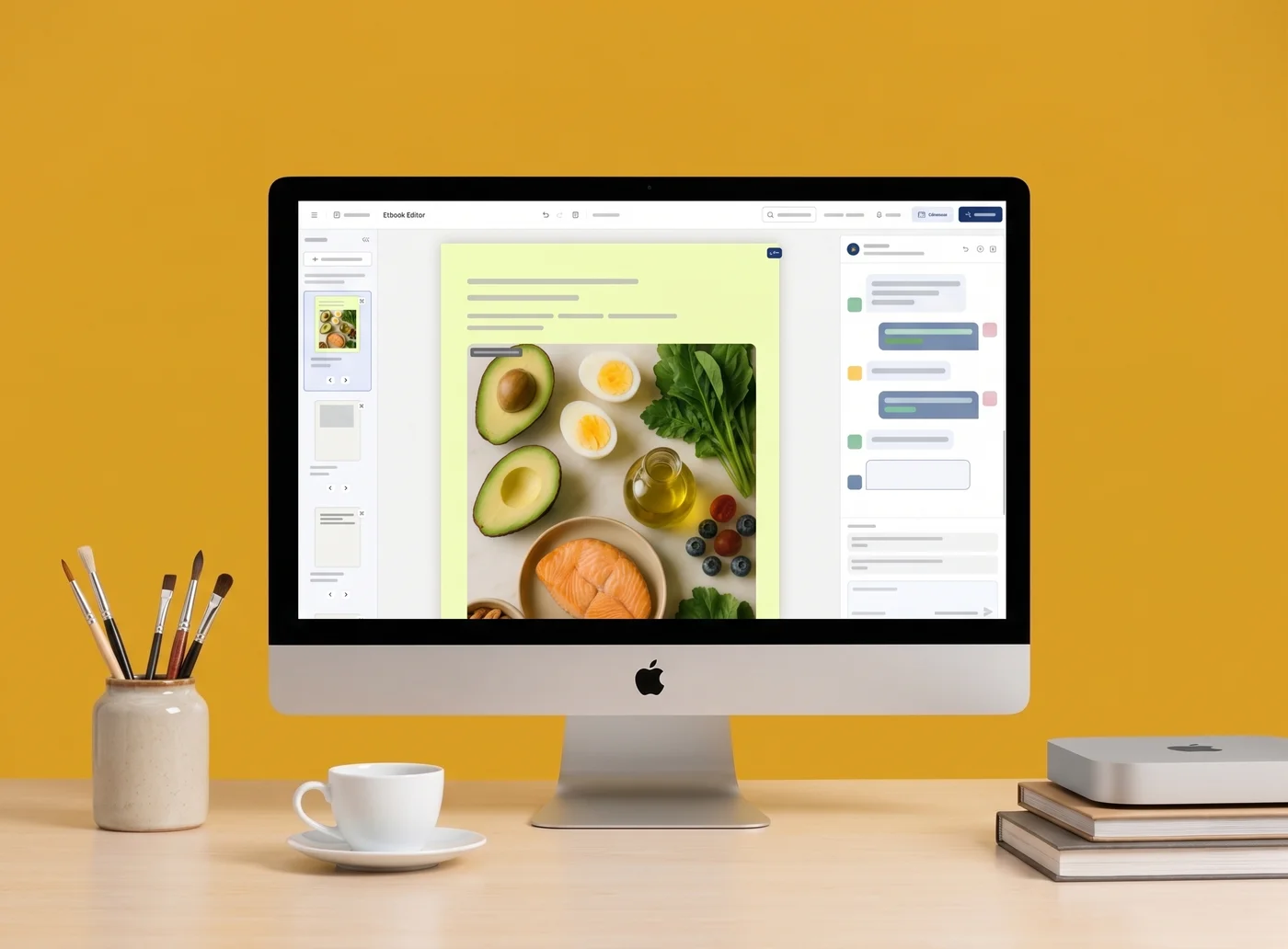 Vista ilustrativa del editor de e-books con un recetario en una computadora