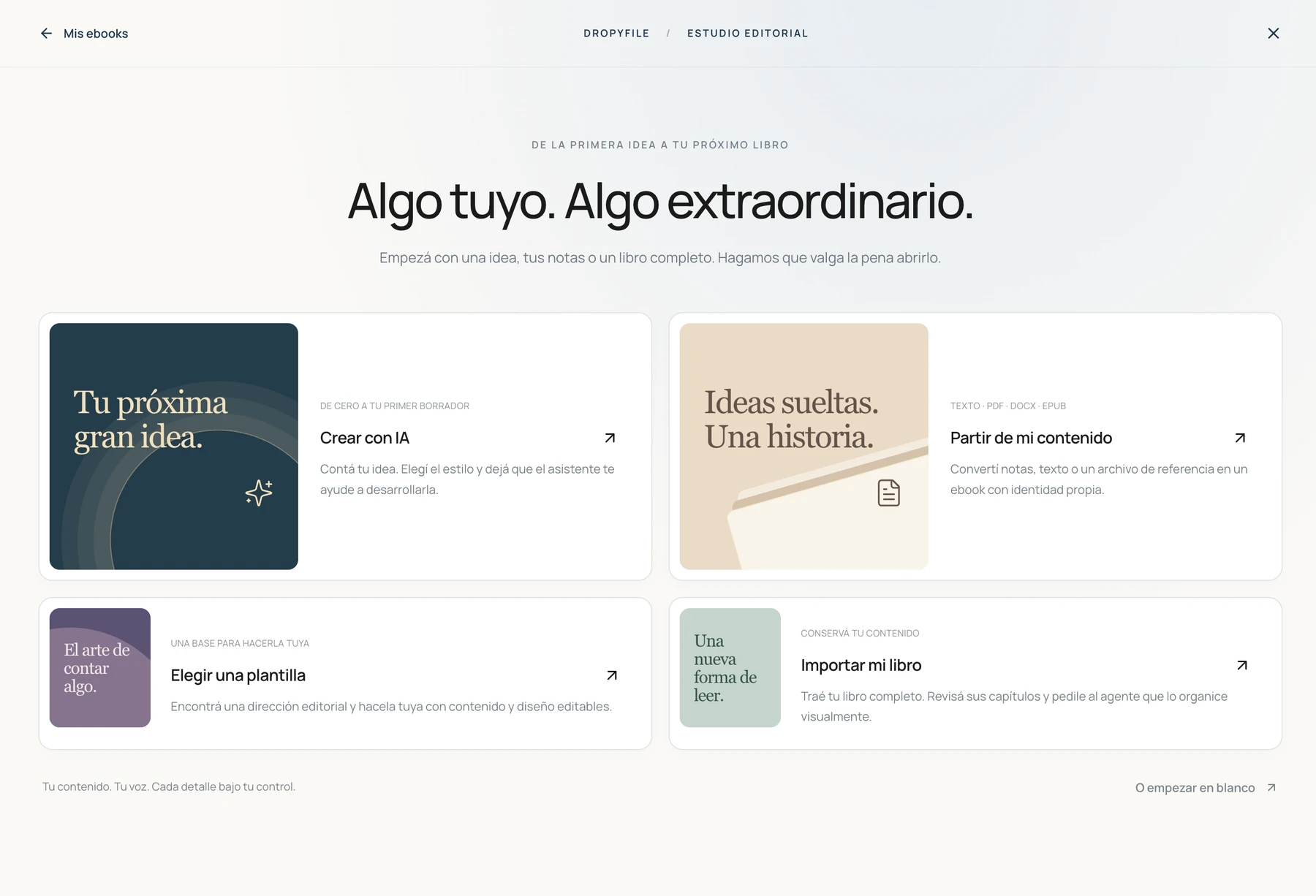 Estudio editorial de DropyFile: crear con IA, partir de contenido propio, elegir una plantilla o importar un libro