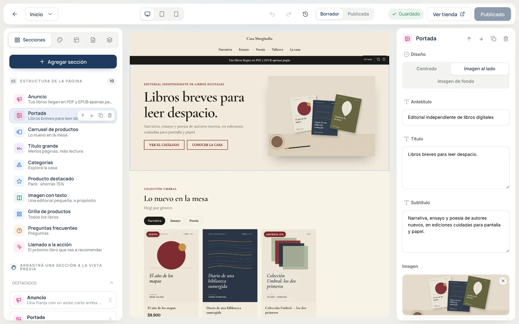 Editor visual de tiendas de DropyFile con un diseño de ejemplo